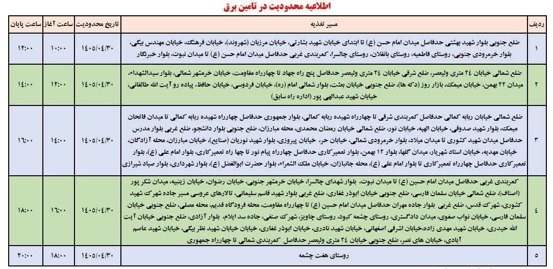 جدول قطعی برق ایلام امروز سه شنبه 30 تیر 1405 جدول قطعی برق ایلام امروز سه شنبه 30 تیر 1405