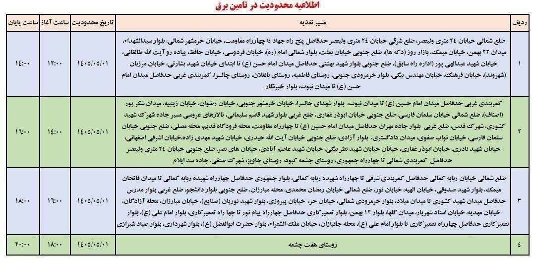 جدول قطعی برق ایلام امروز پنجشنبه 1 مرداد 1405 جدول قطعی برق ایلام امروز پنجشنبه 1 مرداد 1405