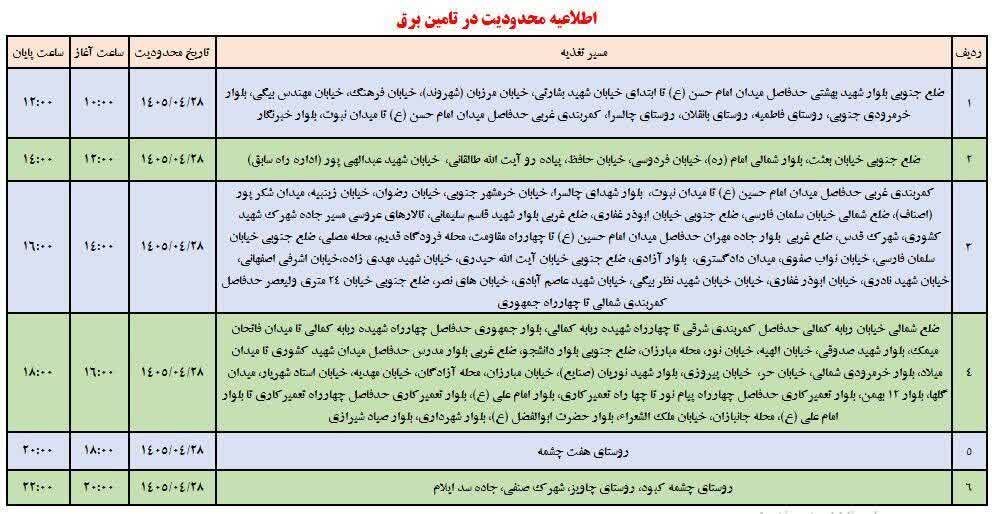 جدول قطعی برق ایلام امروز یکشنبه 28 تیر 1405 جدول قطعی برق ایلام امروز یکشنبه 28 تیر 1405