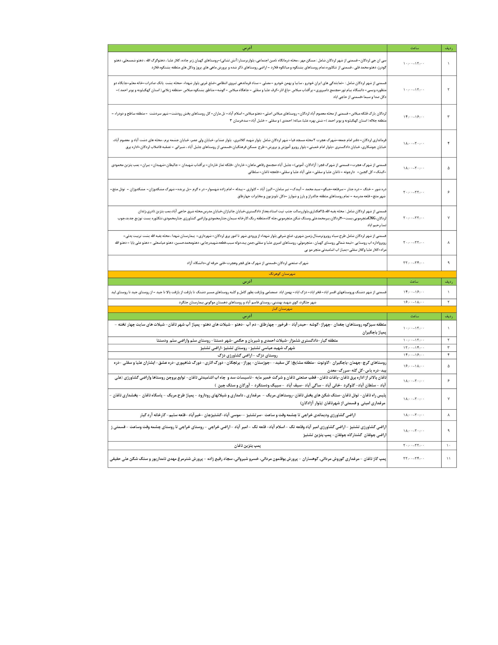جدول قطعی برق شهرکرد امروز دوشنبه 5 مرداد 1405 | برنامه قطعی برق در چهارمحال و بختیاری امروز ۵ مرداد