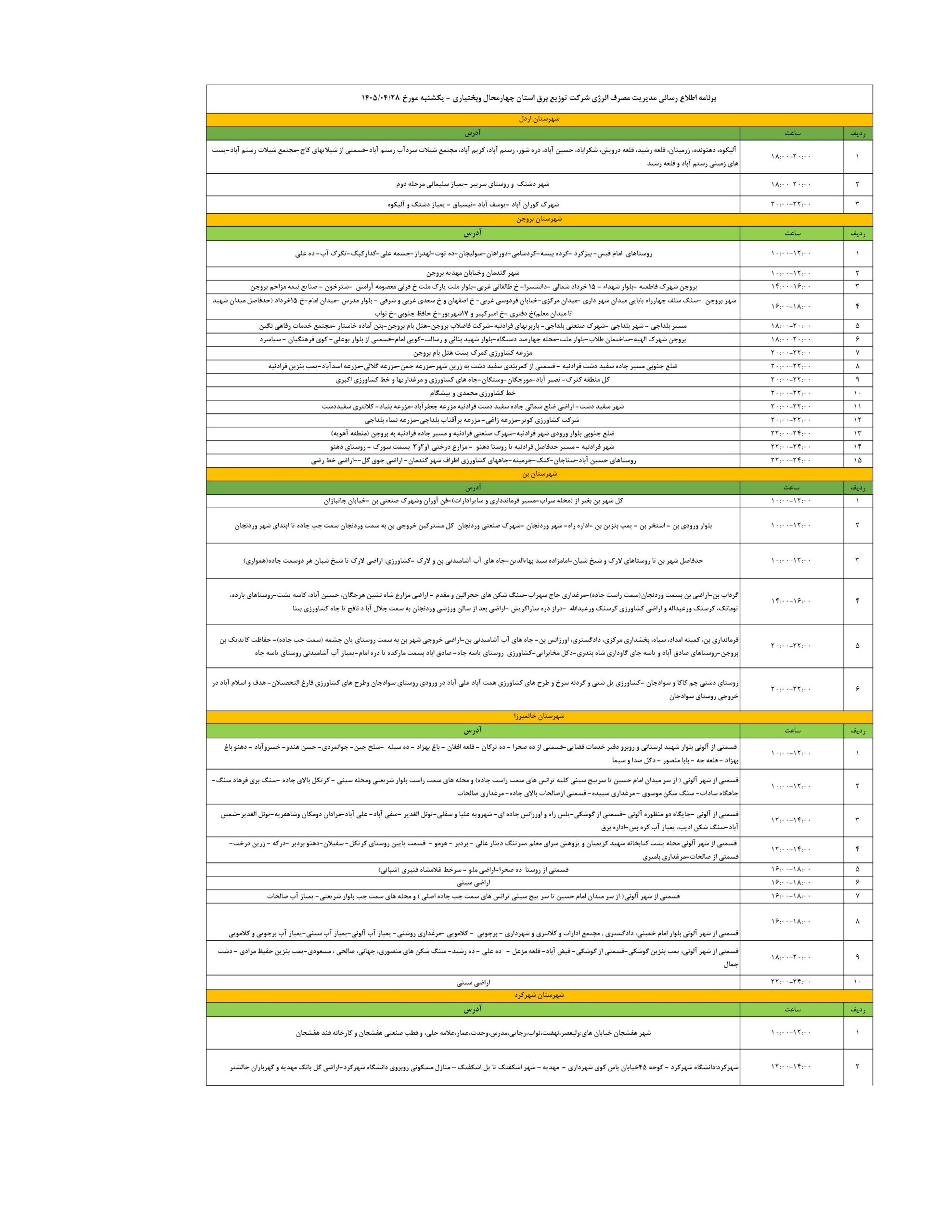 جدول قطعی برق شهرکرد امروز یکشنبه 28 تیر 1405 | برنامه قطعی برق در چهارمحال و بختیاری امروز ۲۸ تیر