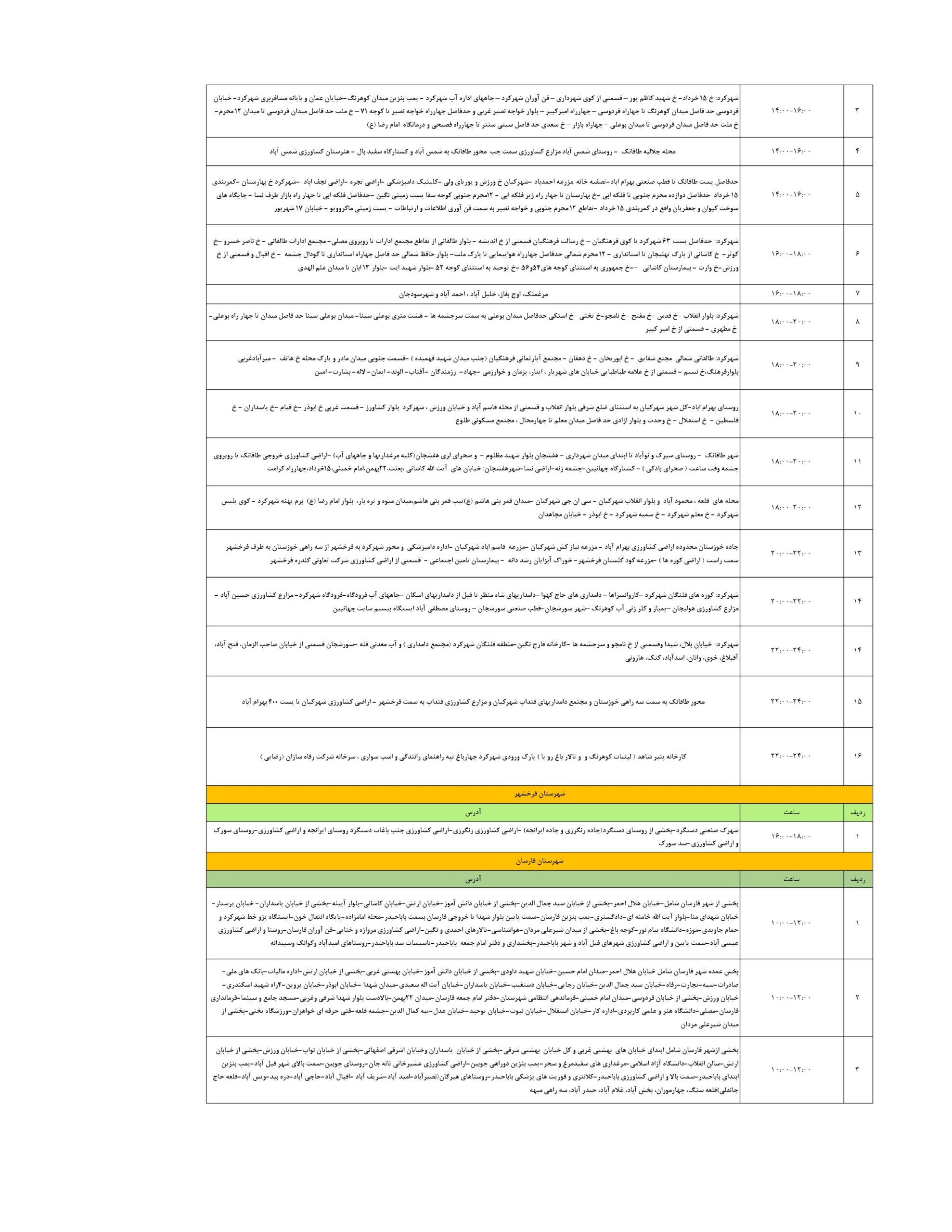 جدول قطعی برق شهرکرد امروز یکشنبه 28 تیر 1405 | برنامه قطعی برق در چهارمحال و بختیاری امروز ۲۸ تیر