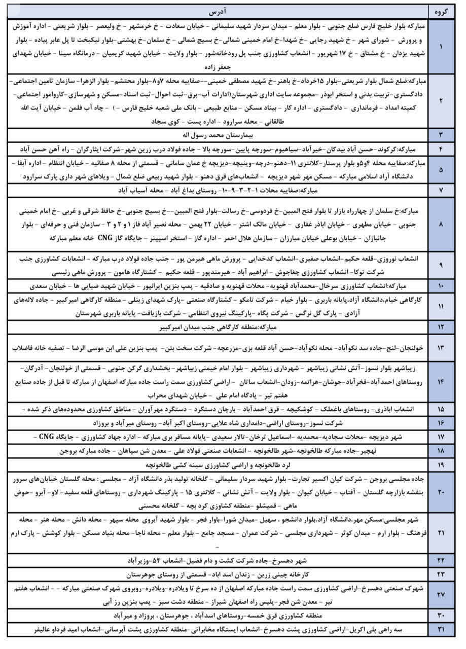 جدول قطعی برق اصفهان امروز سه شنبه 23 تیر 1405