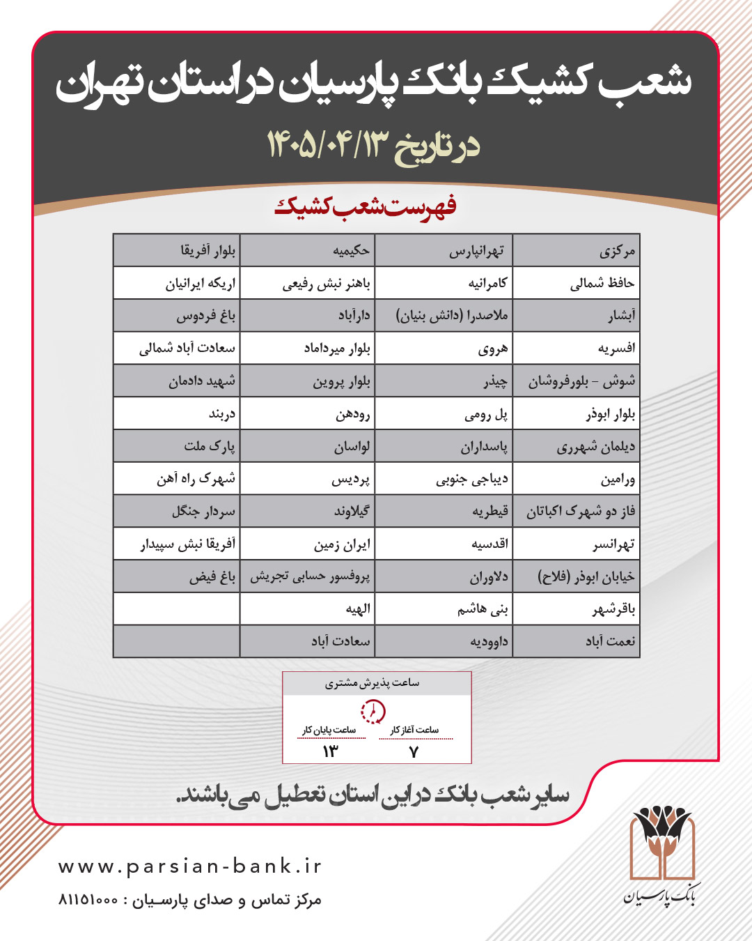شعب کشیک بانک پارسیان امروز شنبه 13 تیر 1405