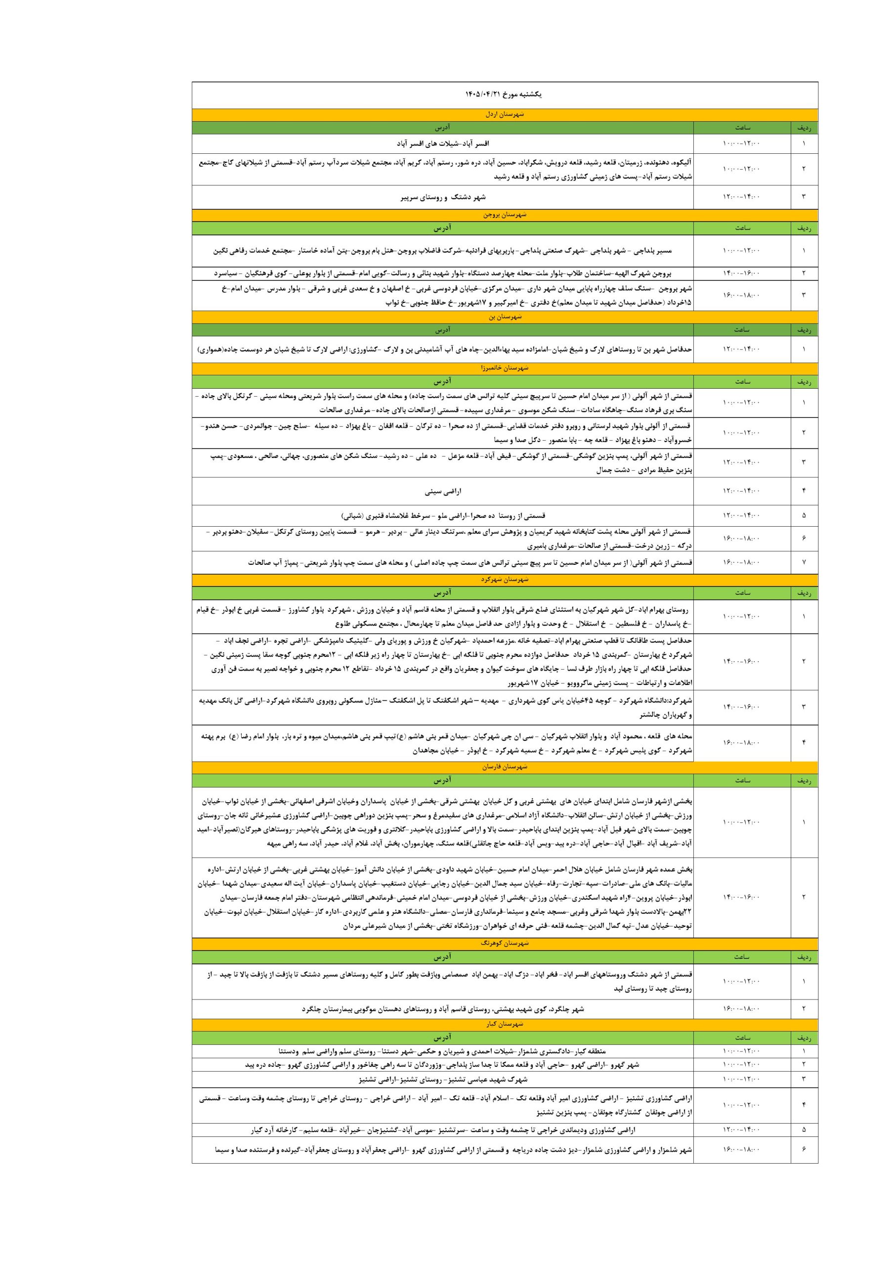قطعی برق چهارمحال‌ و بختیاری‌ امروز یکشنبه 21 تیر 1405