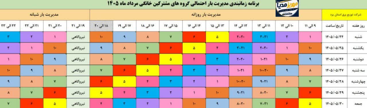 جدول قطعی برق یزد امروز دوشنبه 26 مرداد 1405