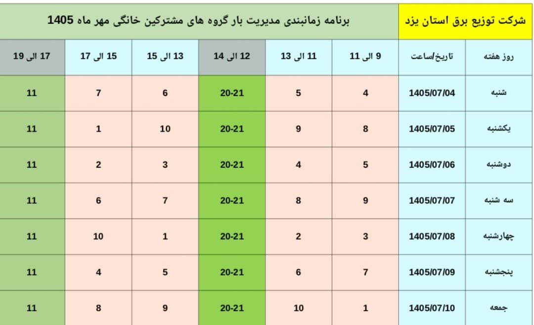جدول قطعی برق یزد امروز شنبه 4 مهر 1405